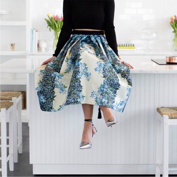 Tibi 100% Silk Gazar Blue Floral Pleated Full Sidewalk Luxury Midi Skirt Size 2 - Picture 2 of 16